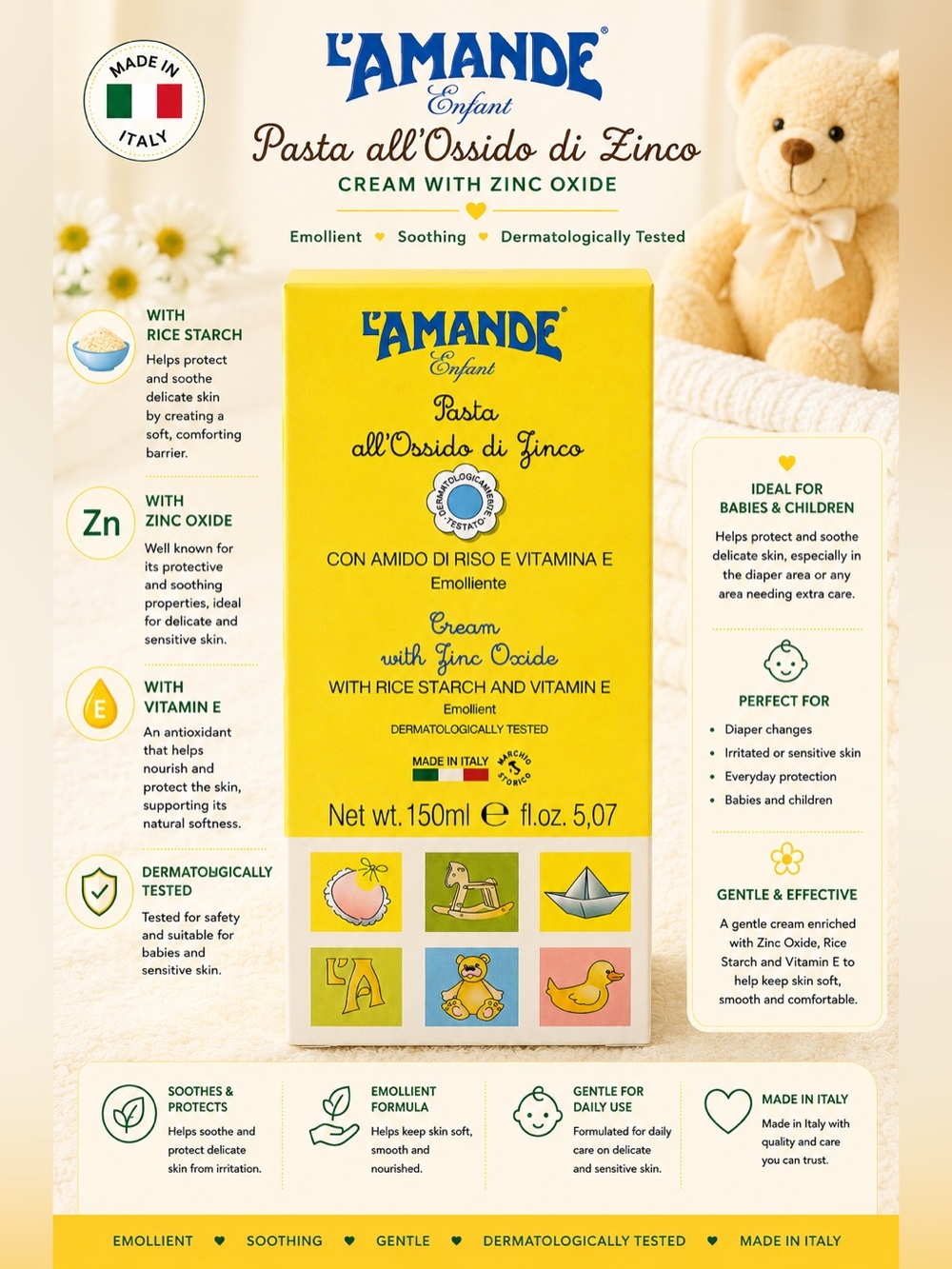 L’AMANDE Enfant Zinc Oxide Cream Rice Starch & Vitamin E Baby Skin Protectant